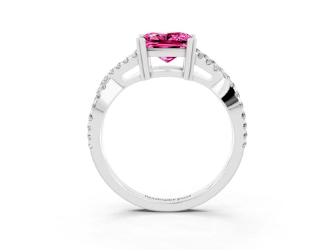 White gold Princess Cut Pink Sapphire Solitaire Ring with Four-Prong Setting and Twisted Pavé Band_15
