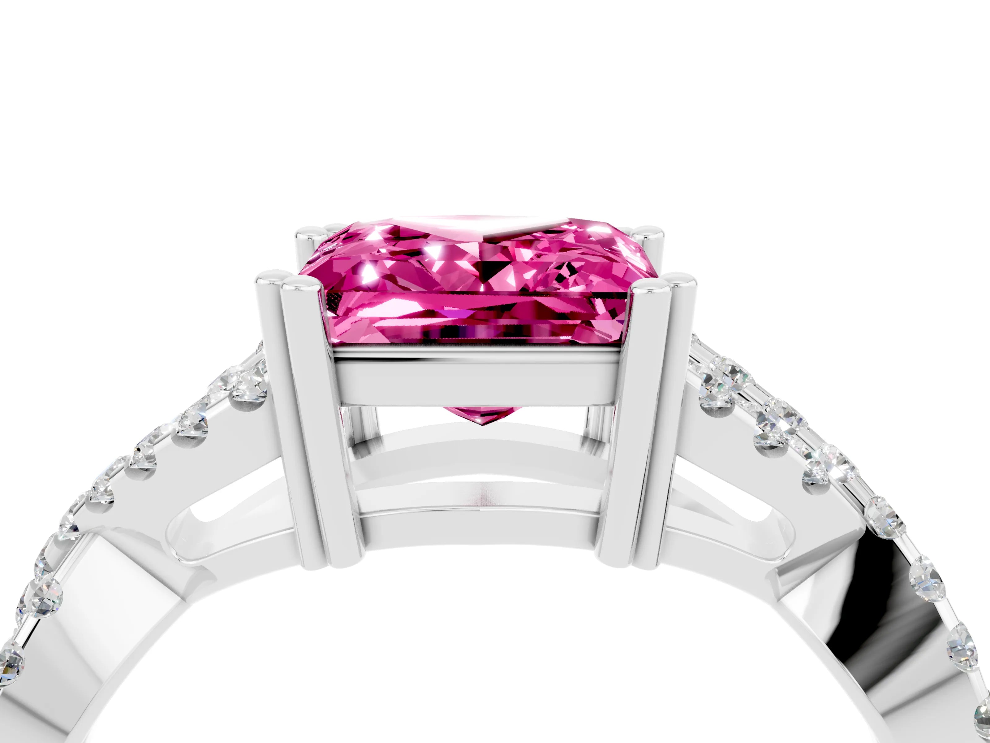 White gold Princess Cut Pink Sapphire Solitaire Ring with Four-Prong Setting and Twisted Pavé Band_16