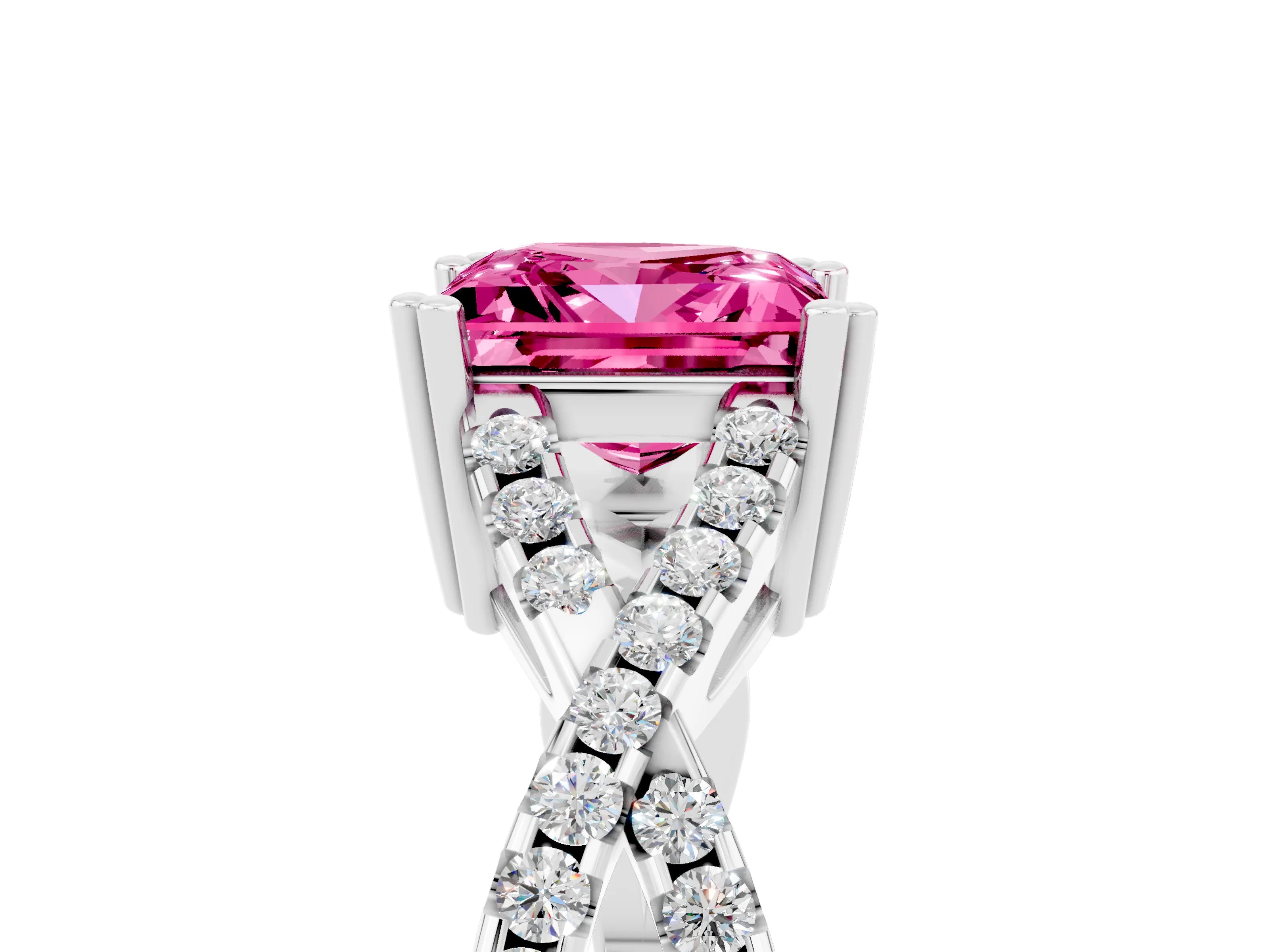 White gold Princess Cut Pink Sapphire Solitaire Ring with Four-Prong Setting and Twisted Pavé Band_17