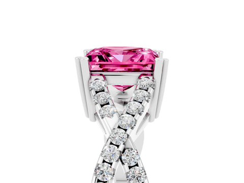 White gold Princess Cut Pink Sapphire Solitaire Ring with Four-Prong Setting and Twisted Pavé Band_17