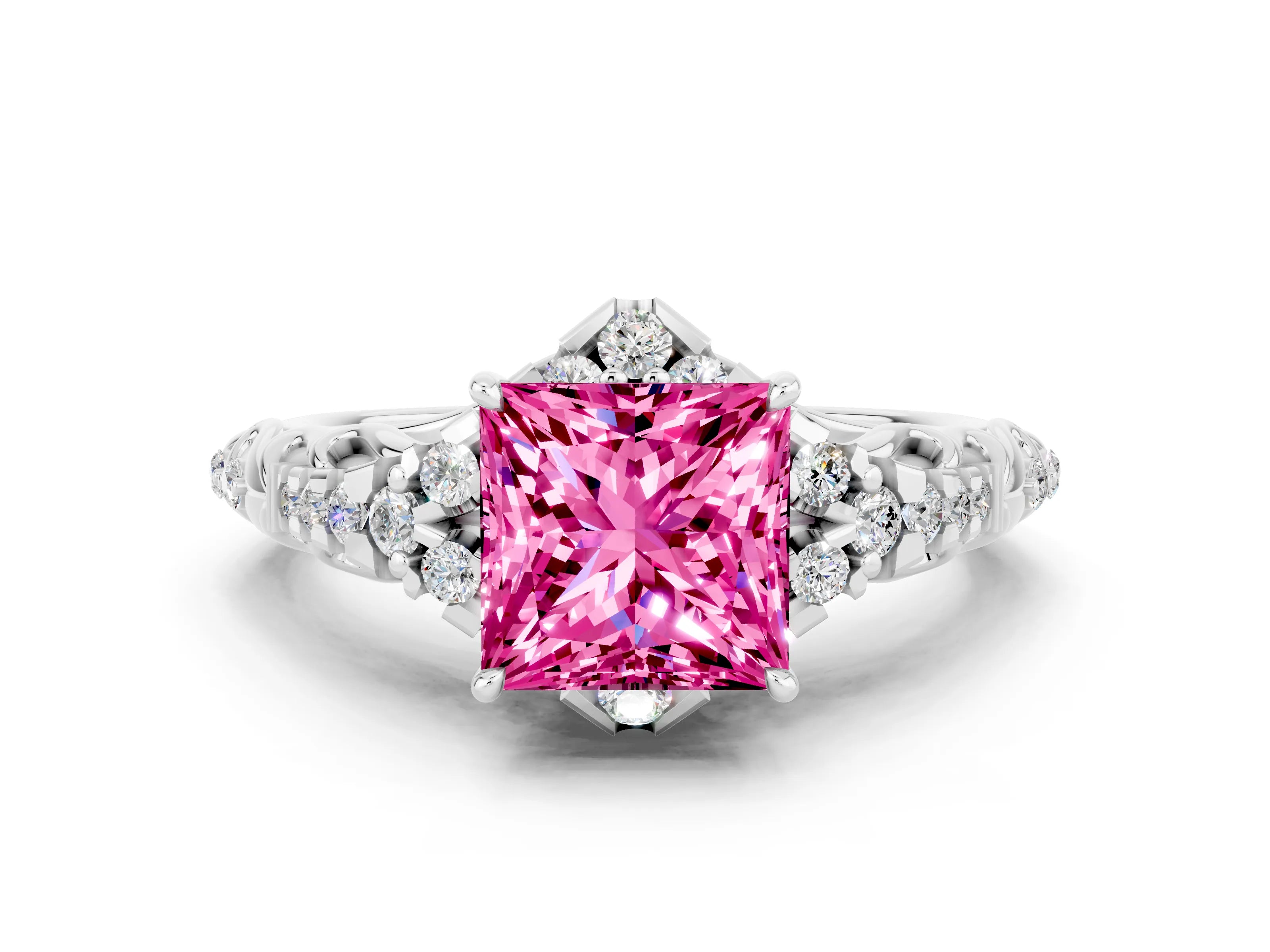 White gold Princess Cut Pink Sapphire Solitaire Ring with Hidden Halo and Pavé Band_12