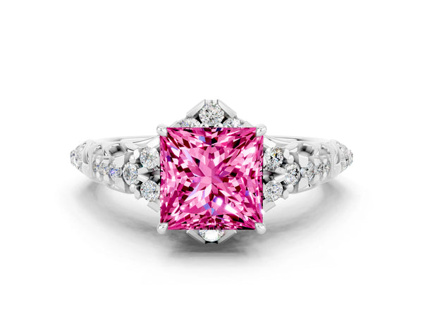 Silver Princess Cut Pink Sapphire Solitaire Ring with Hidden Halo and Pavé Band
