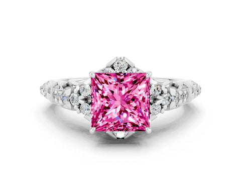 White gold Princess Cut Pink Sapphire Solitaire Ring with Hidden Halo and Pavé Band_12
