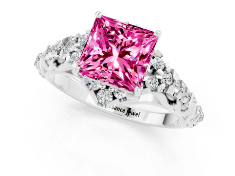 White gold Princess Cut Pink Sapphire Solitaire Ring with Hidden Halo and Pavé Band_13
