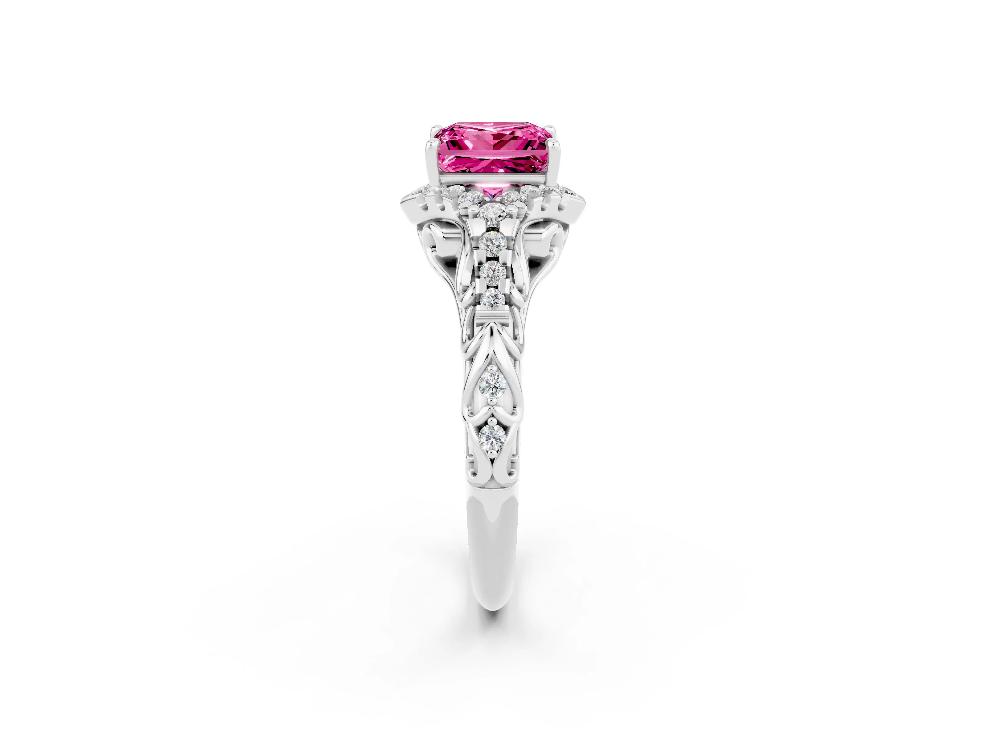 White gold Princess Cut Pink Sapphire Solitaire Ring with Hidden Halo and Pavé Band_14