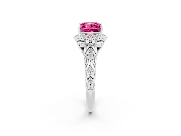 Silver Princess Cut Pink Sapphire Solitaire Ring with Hidden Halo and Pavé Band