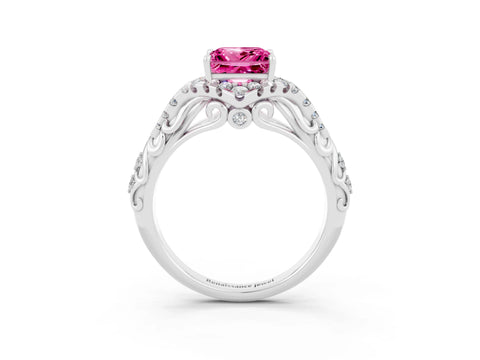 White gold Princess Cut Pink Sapphire Solitaire Ring with Hidden Halo and Pavé Band_15