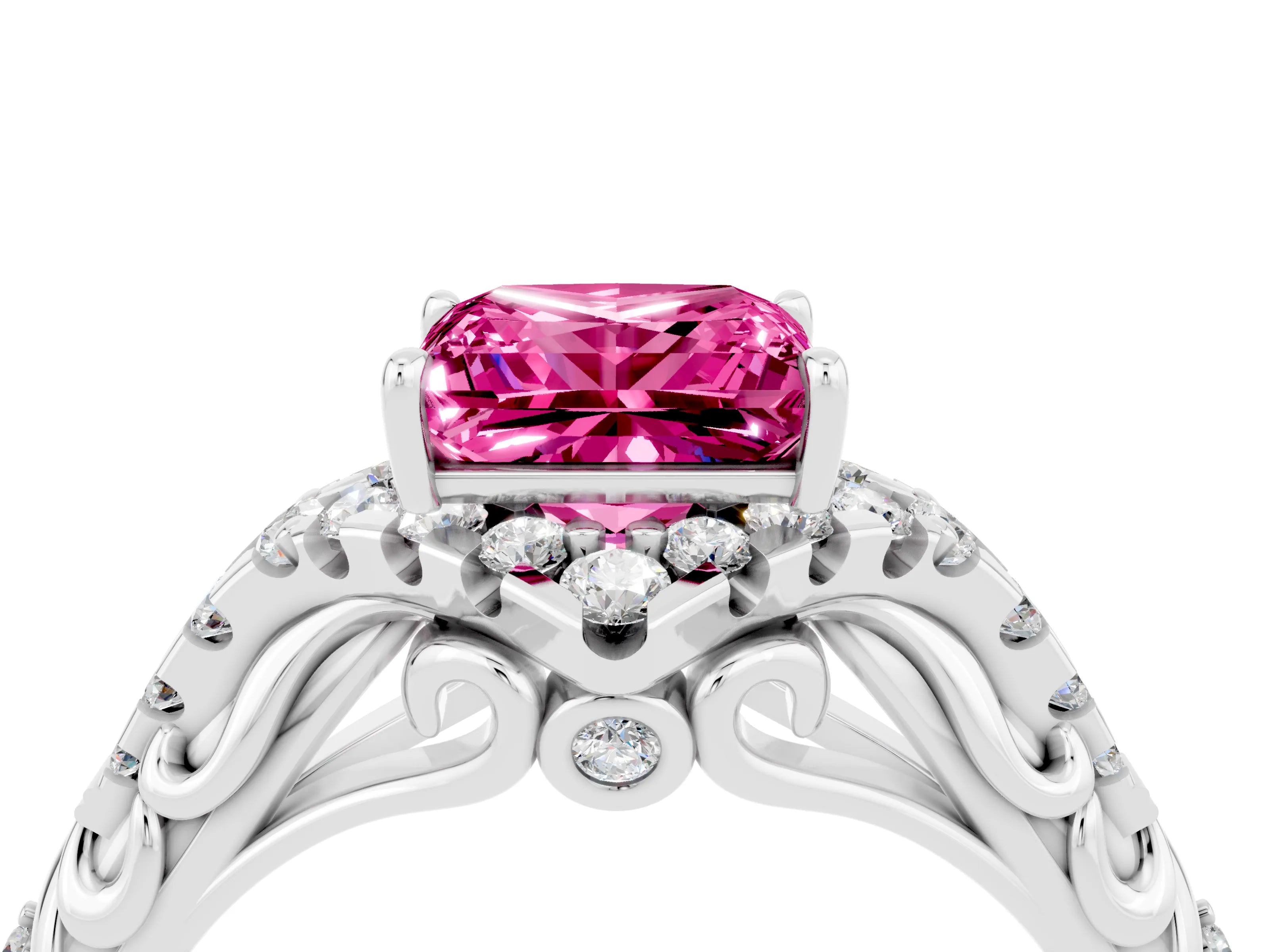 White gold Princess Cut Pink Sapphire Solitaire Ring with Hidden Halo and Pavé Band_16