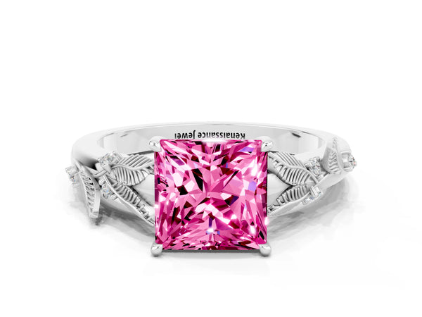 Platinum Princess Cut Pink Sapphire Solitaire Ring with Leaf Motif Band and Four-Prong Setting
