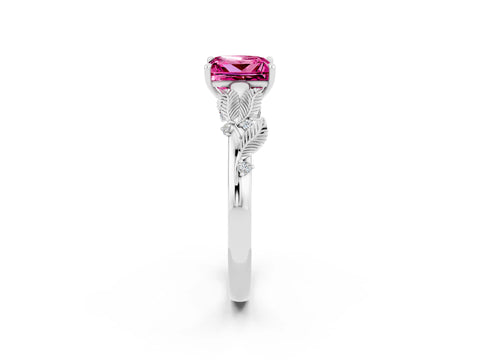 White gold Princess Cut Pink Sapphire Solitaire Ring with Leaf Motif Band and Four-Prong Setting_14
