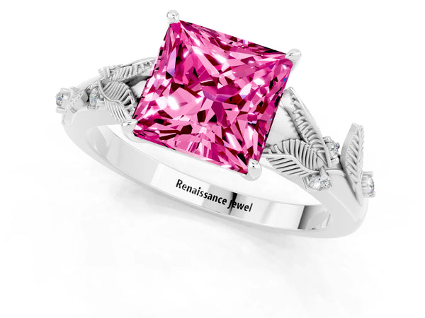 Silver Princess Cut Pink Sapphire Solitaire Ring with Leaf Motif Band and Four-Prong Setting