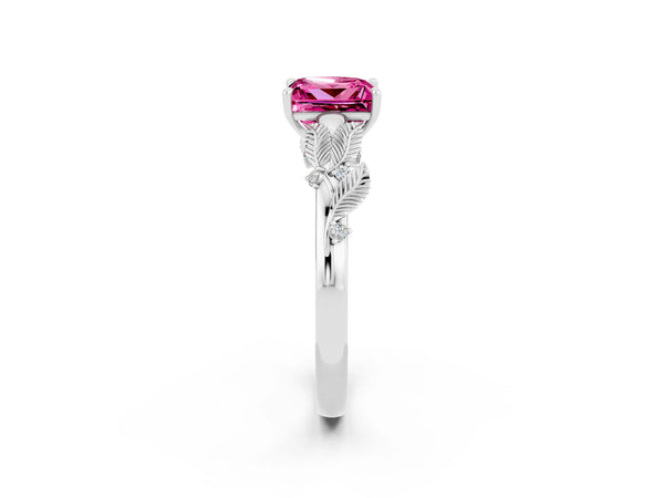 Platinum Princess Cut Pink Sapphire Solitaire Ring with Leaf Motif Band and Four-Prong Setting