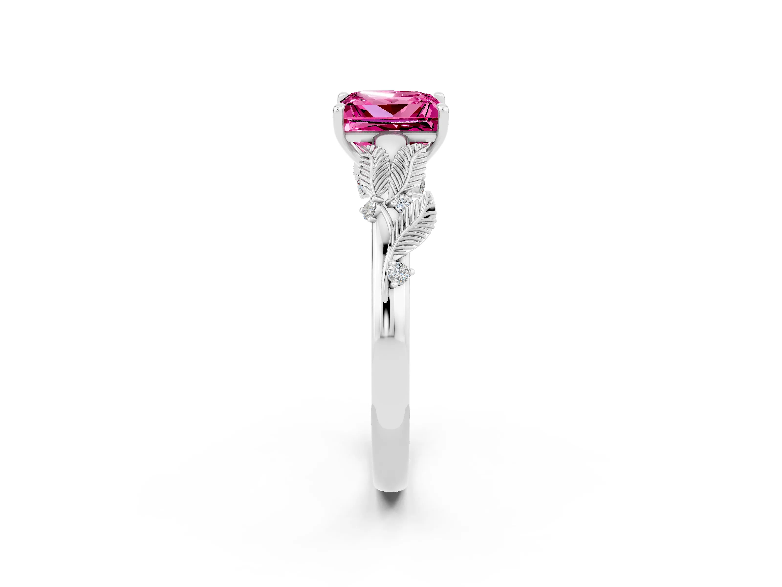 White gold Princess Cut Pink Sapphire Solitaire Ring with Leaf Motif Band and Four-Prong Setting_2
