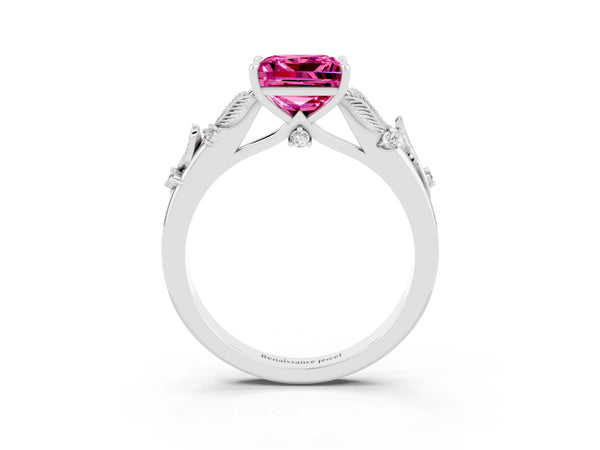 Platinum Princess Cut Pink Sapphire Solitaire Ring with Leaf Motif Band and Four-Prong Setting