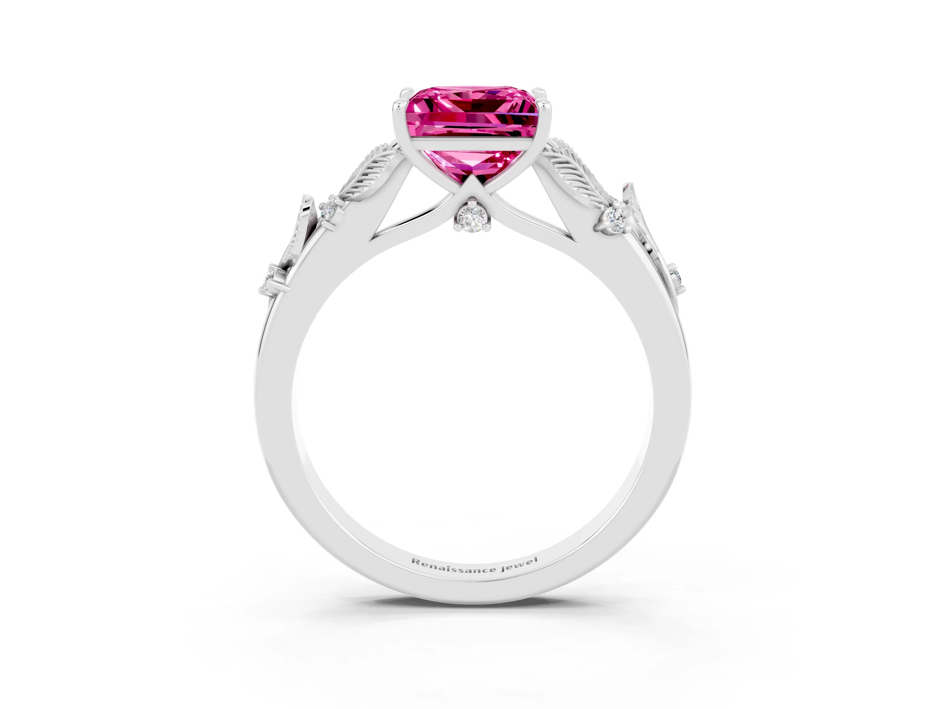 White gold Princess Cut Pink Sapphire Solitaire Ring with Leaf Motif Band and Four-Prong Setting_3