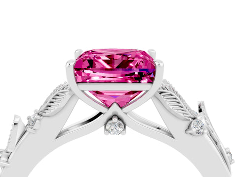 White gold Princess Cut Pink Sapphire Solitaire Ring with Leaf Motif Band and Four-Prong Setting_4