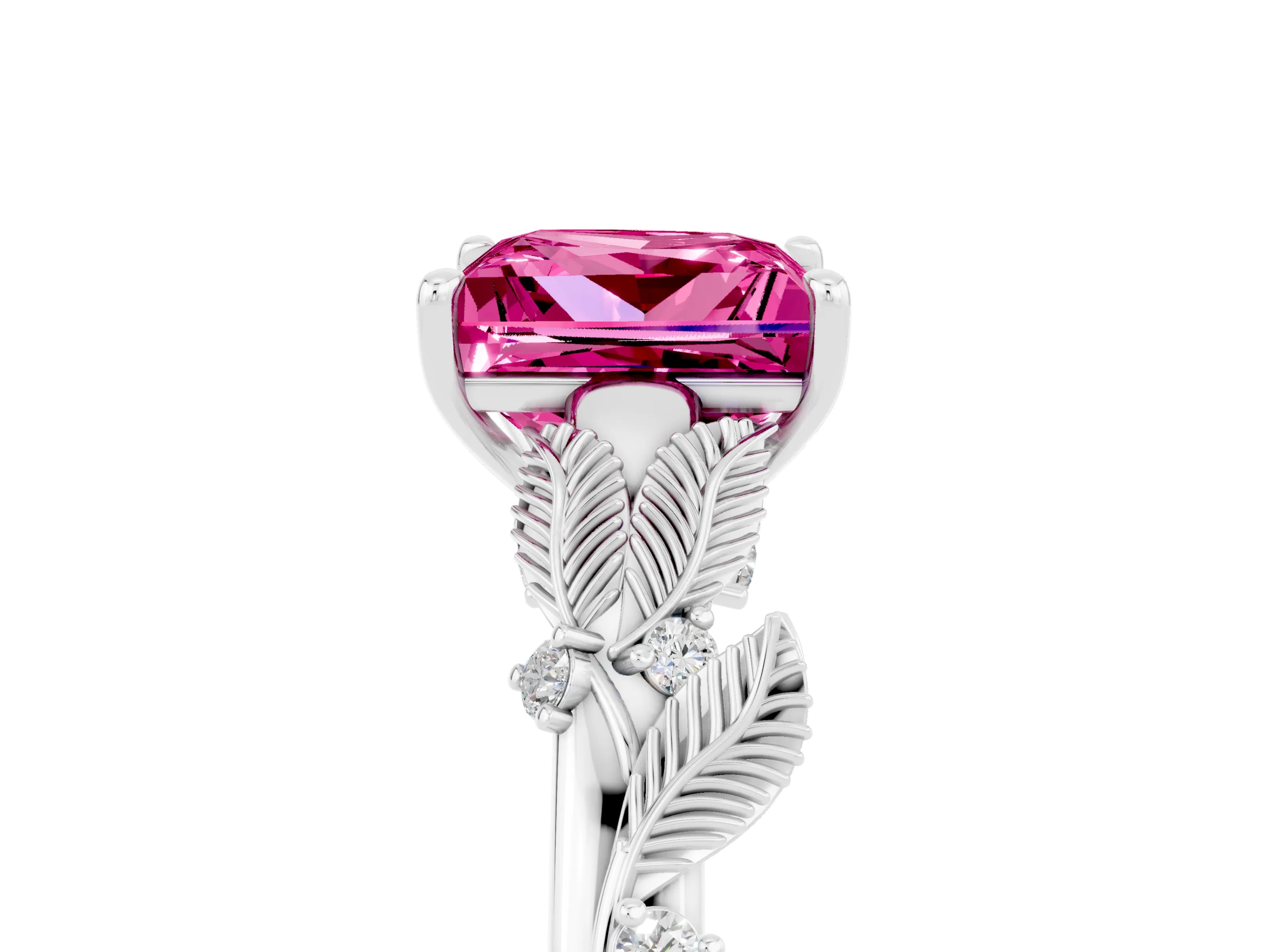White gold Princess Cut Pink Sapphire Solitaire Ring with Leaf Motif Band and Four-Prong Setting_5