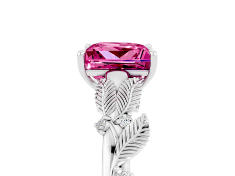 White gold Princess Cut Pink Sapphire Solitaire Ring with Leaf Motif Band and Four-Prong Setting_5