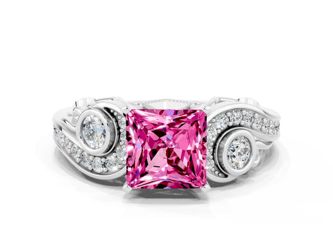 White gold Princess Cut Pink Sapphire Solitaire Ring with Milgrain Pavé Band and Four-Prong Setting_12