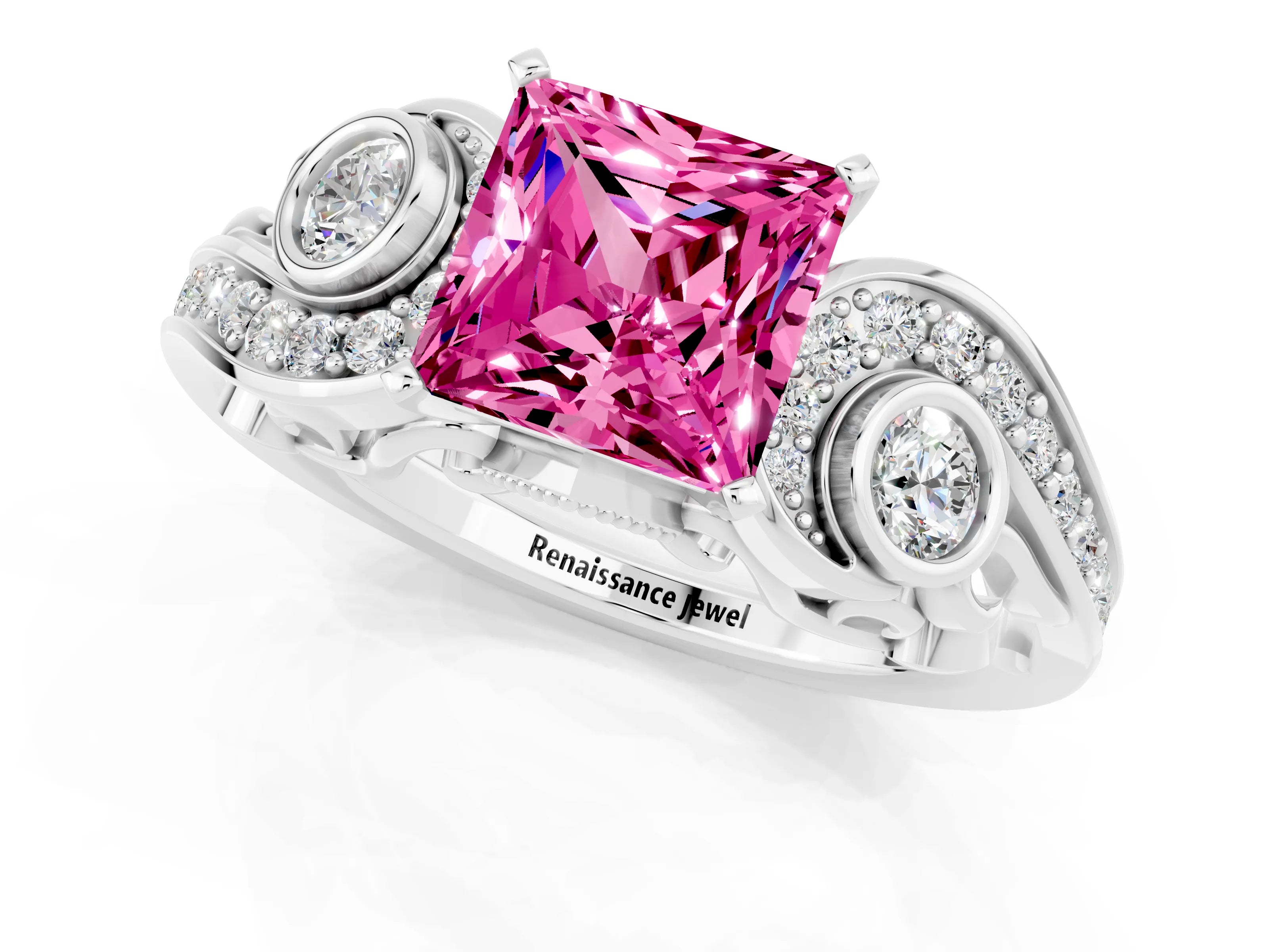 White gold Princess Cut Pink Sapphire Solitaire Ring with Milgrain Pavé Band and Four-Prong Setting_13