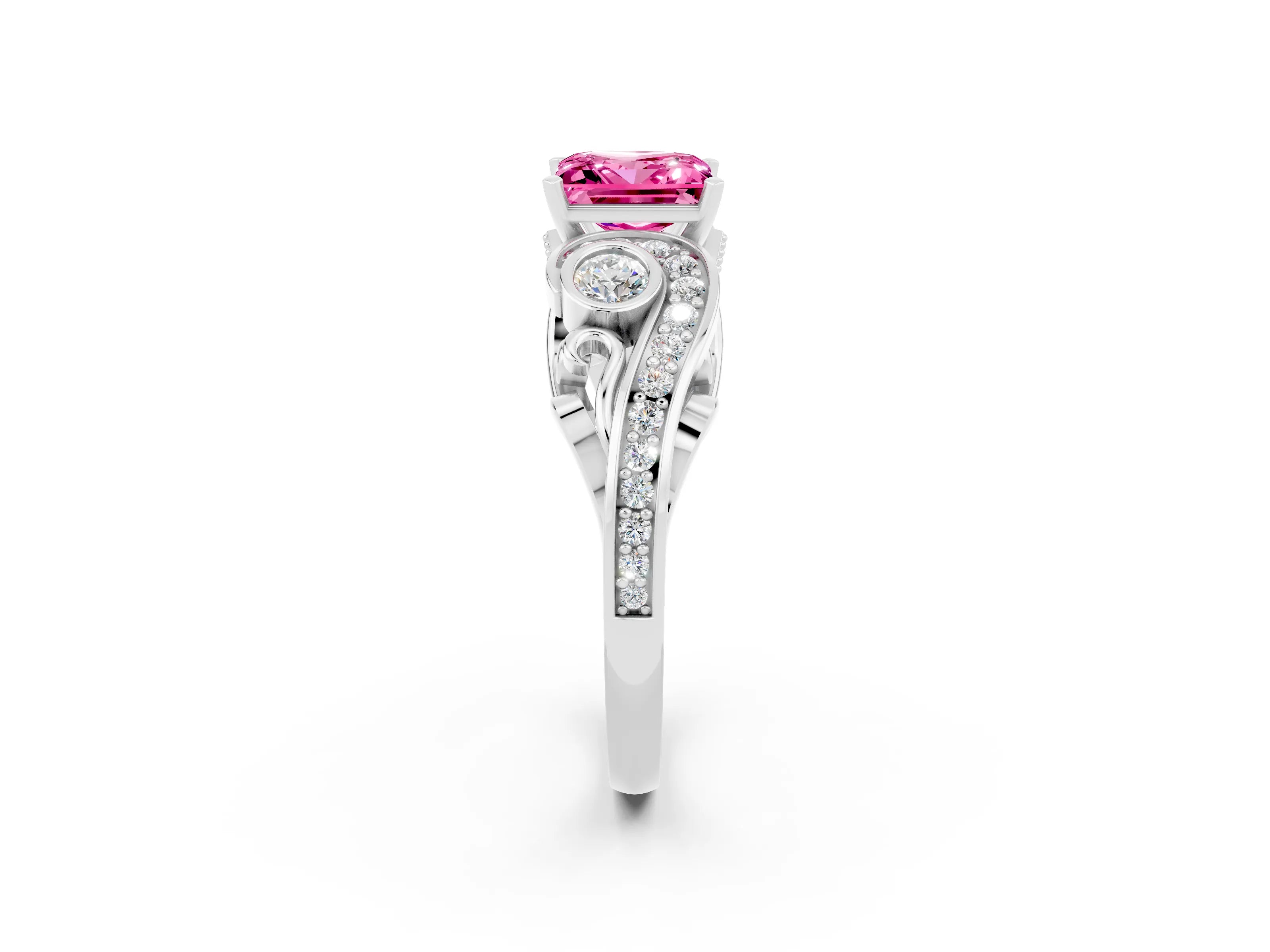 White gold Princess Cut Pink Sapphire Solitaire Ring with Milgrain Pavé Band and Four-Prong Setting_14