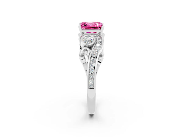 Silver Princess Cut Pink Sapphire Solitaire Ring with Milgrain Pavé Band and Four-Prong Setting