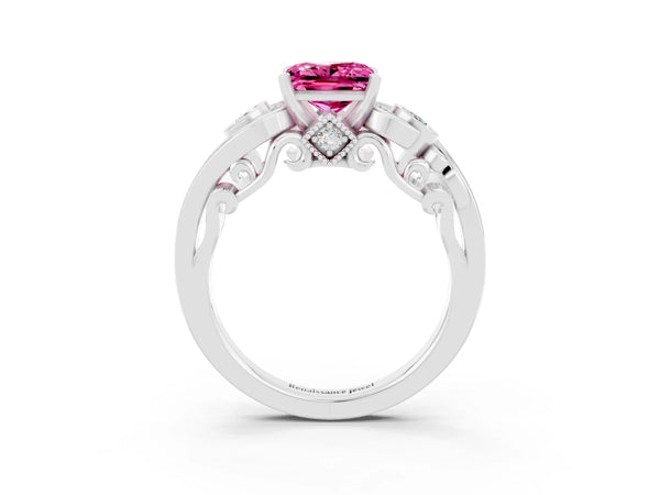Silver Princess Cut Pink Sapphire Solitaire Ring with Milgrain Pavé Band and Four-Prong Setting