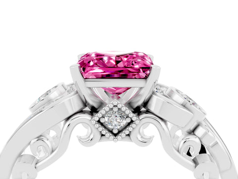 White gold Princess Cut Pink Sapphire Solitaire Ring with Milgrain Pavé Band and Four-Prong Setting_16