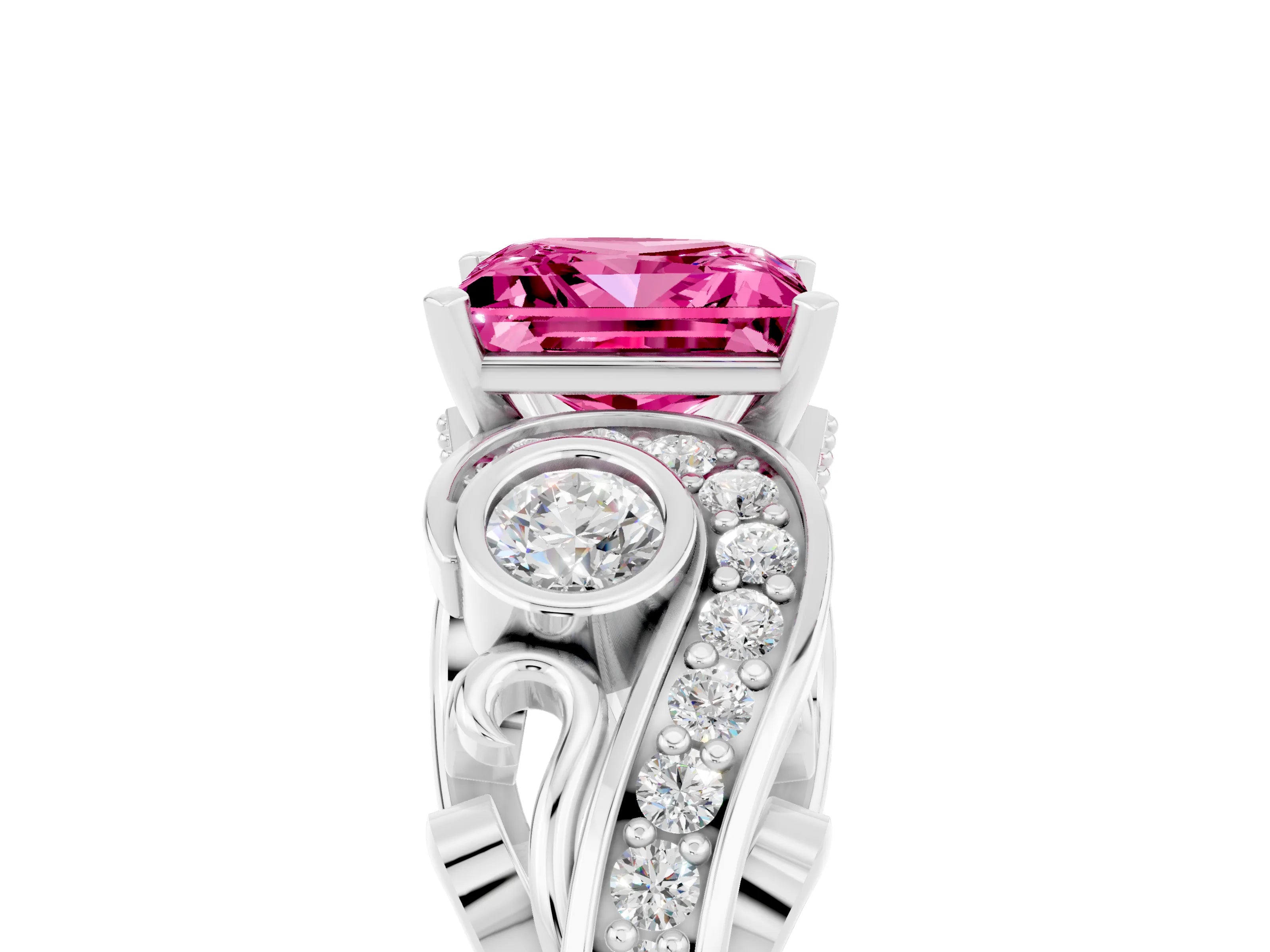 White gold Princess Cut Pink Sapphire Solitaire Ring with Milgrain Pavé Band and Four-Prong Setting_17