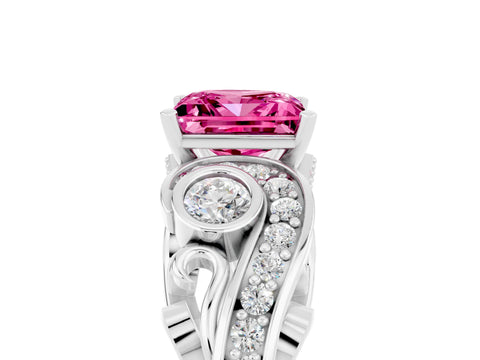 White gold Princess Cut Pink Sapphire Solitaire Ring with Milgrain Pavé Band and Four-Prong Setting_17