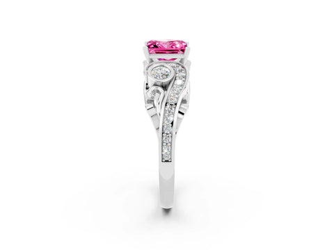 White gold Princess Cut Pink Sapphire Solitaire Ring with Milgrain Pavé Band and Four-Prong Setting_50
