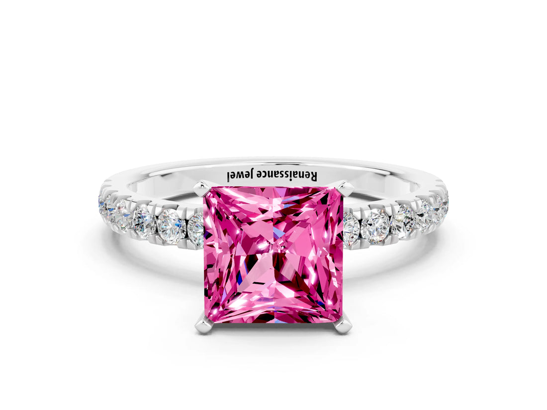 White gold Princess Cut Pink Sapphire Solitaire Ring with Pavé Accents and Four-Prong Setting_24