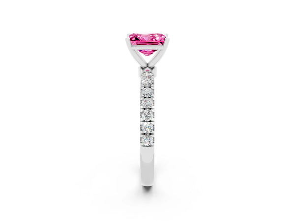 Silver Princess Cut Pink Sapphire Solitaire Ring with Pavé Accents and Four-Prong Setting
