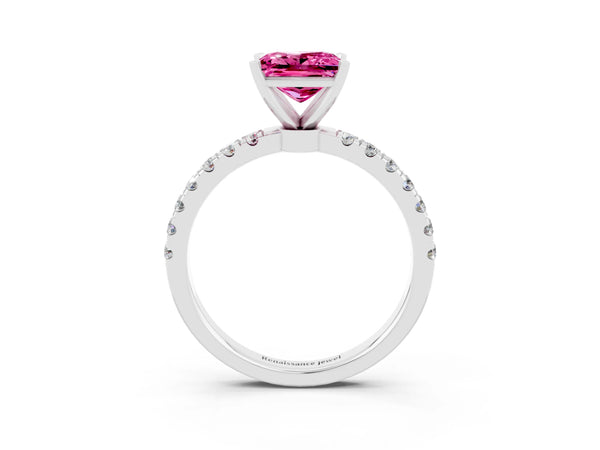 Platinum Princess Cut Pink Sapphire Solitaire Ring with Pavé Accents and Four-Prong Setting