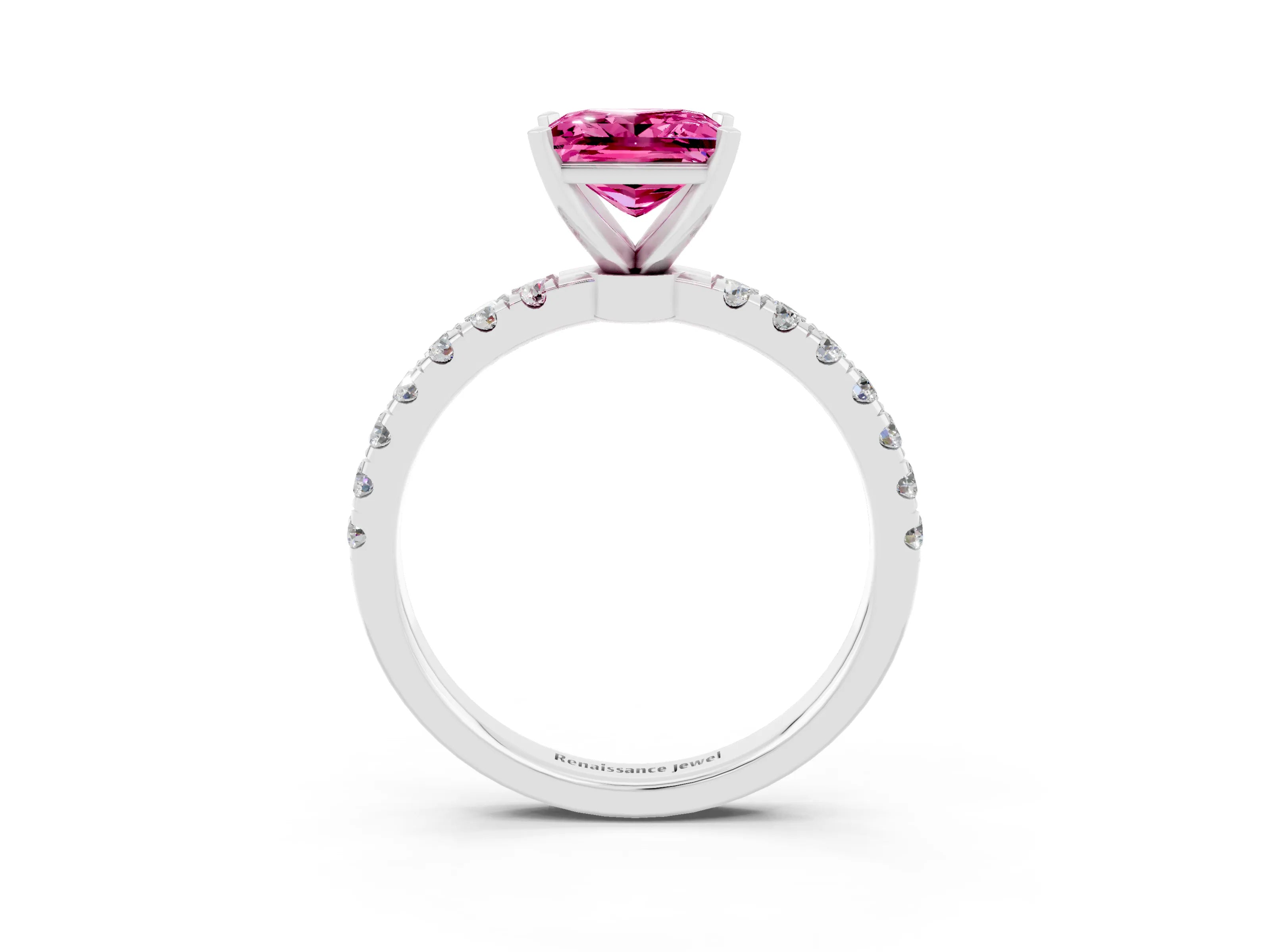 White gold Princess Cut Pink Sapphire Solitaire Ring with Pavé Accents and Four-Prong Setting_27