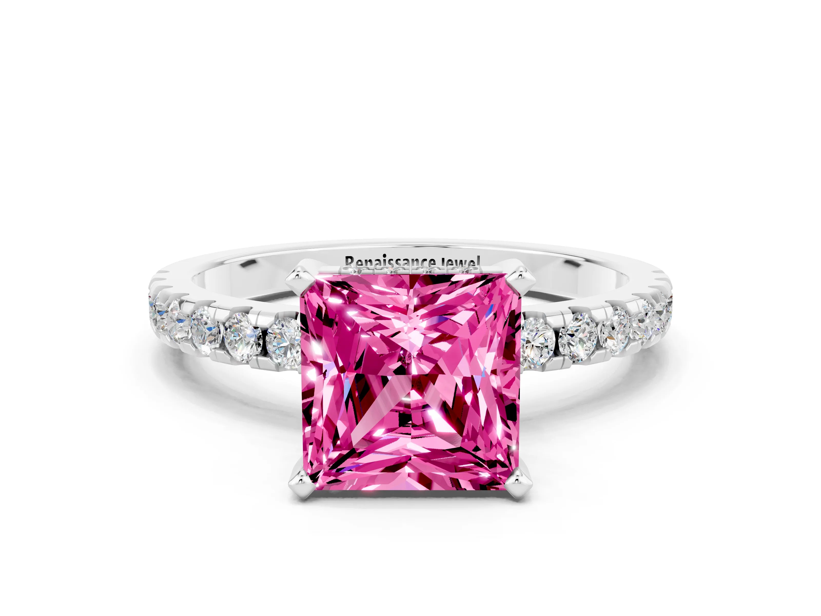 White gold Princess Cut Pink Sapphire Solitaire Ring with Pavé Band and Four-Prong Setting_60