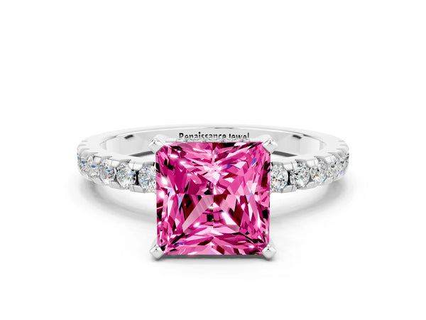 Silver Princess Cut Pink Sapphire Solitaire Ring with Round  Pavé Band and Four-Prong Setting