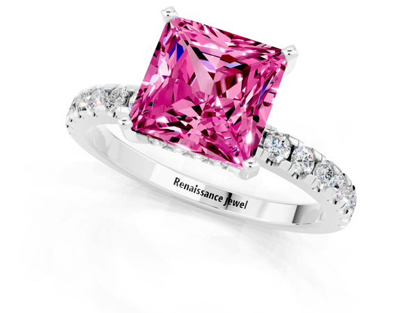 White gold Princess Cut Pink Sapphire Solitaire Ring with Round  Pavé Band and Four-Prong Setting