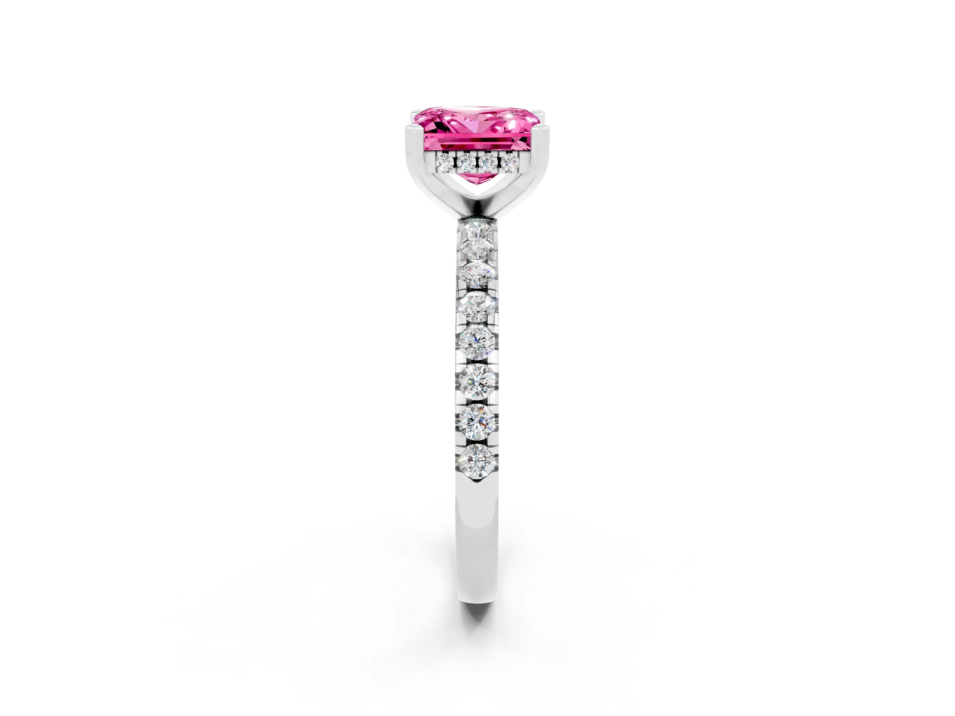 White gold Princess Cut Pink Sapphire Solitaire Ring with Pavé Band and Four-Prong Setting_62