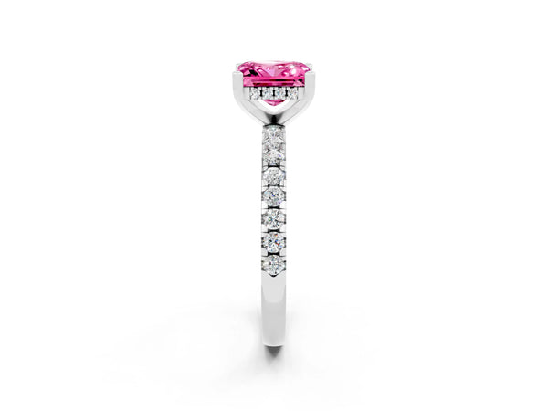White gold Princess Cut Pink Sapphire Solitaire Ring with Round  Pavé Band and Four-Prong Setting