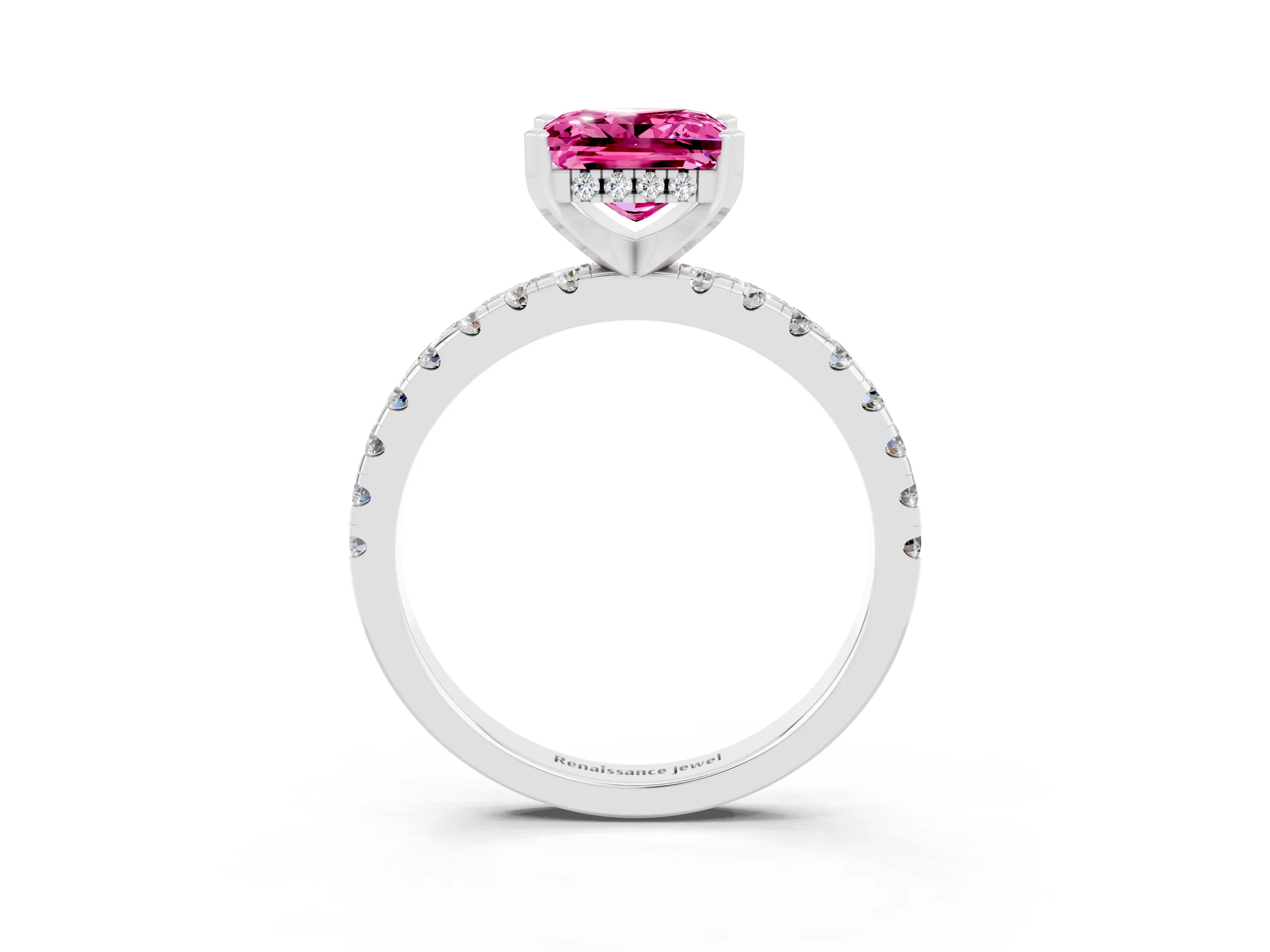 White gold Princess Cut Pink Sapphire Solitaire Ring with Pavé Band and Four-Prong Setting_63