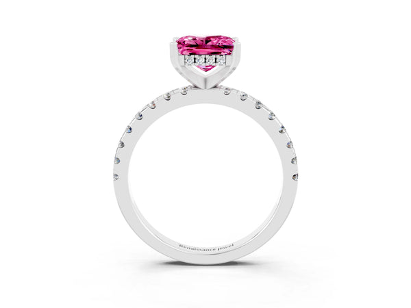 Platinum Princess Cut Pink Sapphire Solitaire Ring with Round  Pavé Band and Four-Prong Setting