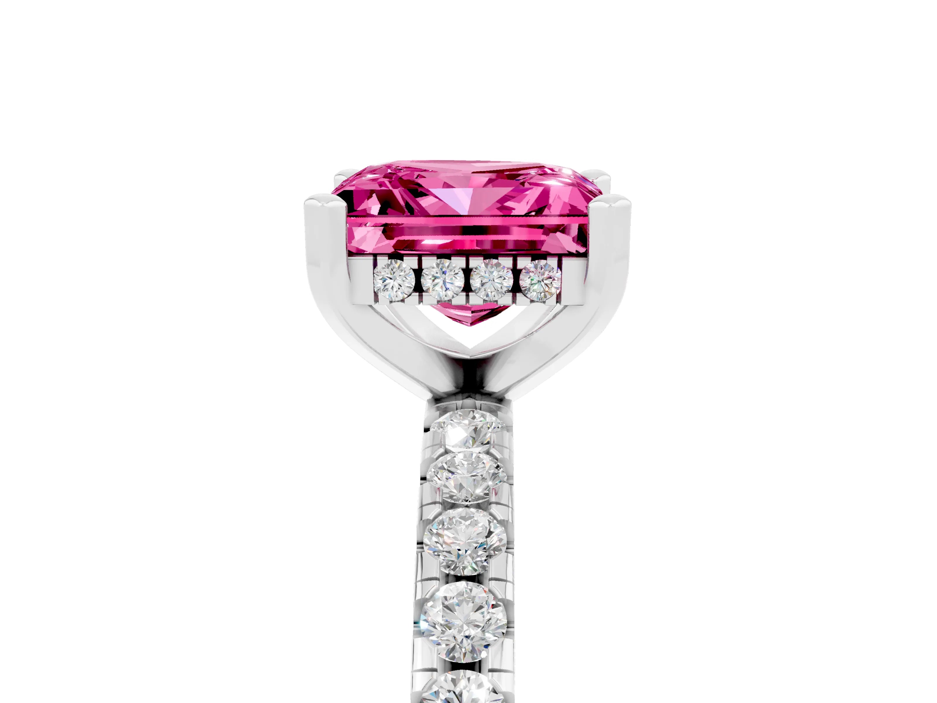 White gold Princess Cut Pink Sapphire Solitaire Ring with Pavé Band and Four-Prong Setting_65