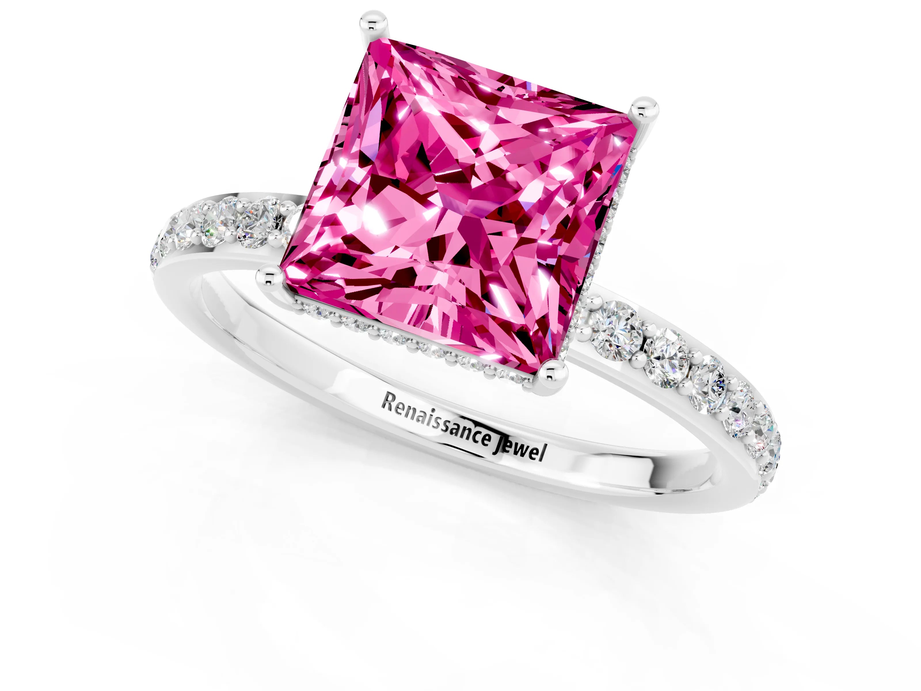 White gold Princess Cut Pink Sapphire Solitaire Ring with Pavé Band and Hidden Halo_1