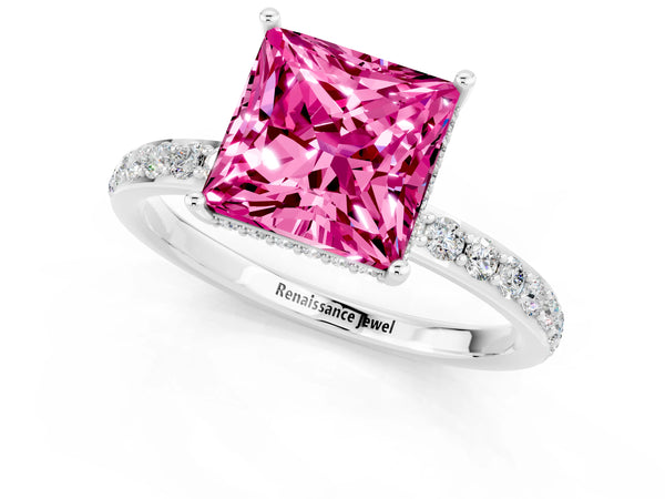 Platinum Princess Cut Pink Sapphire Solitaire Ring with Pavé Band and Hidden Halo