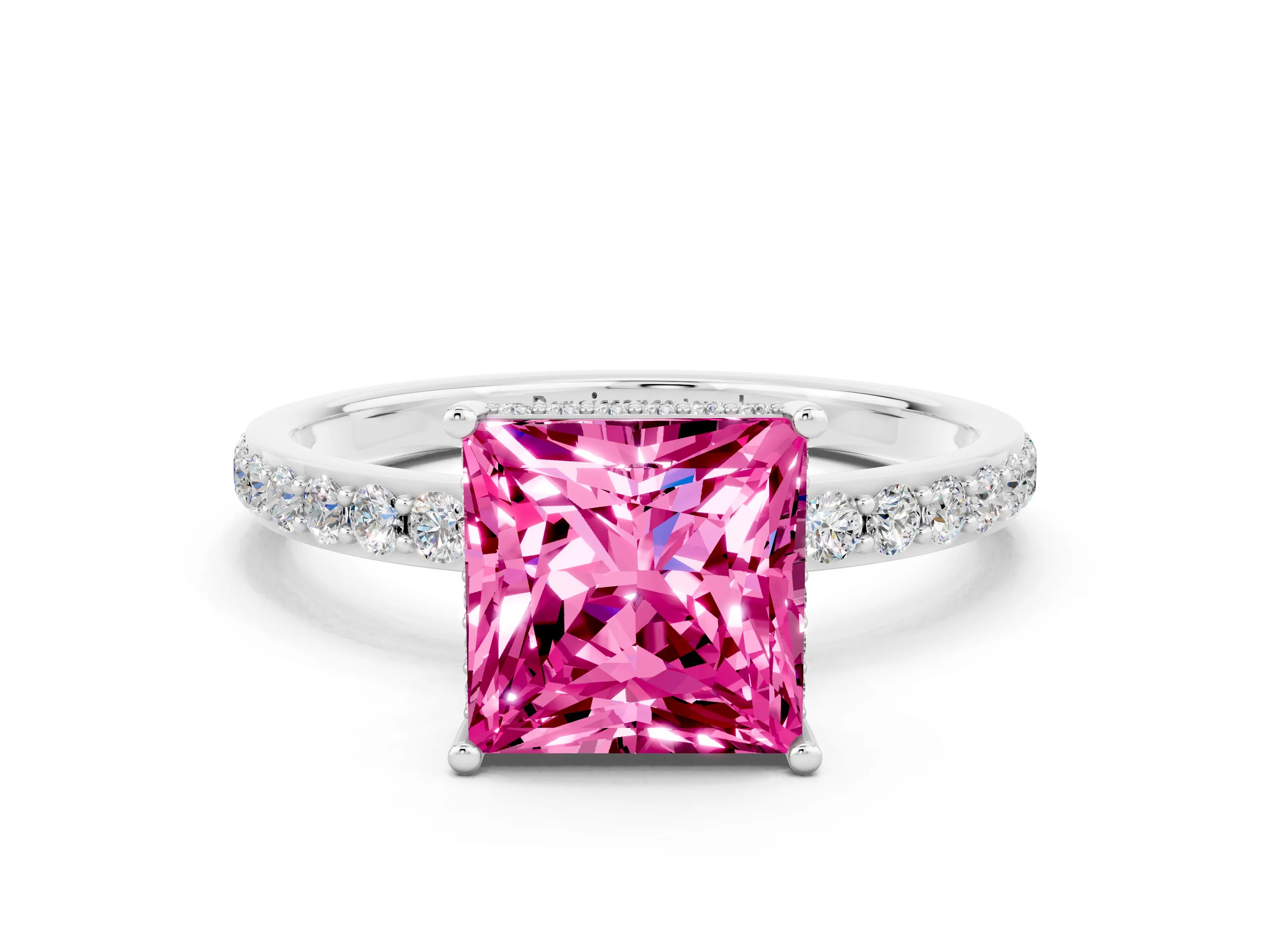 White gold Princess Cut Pink Sapphire Solitaire Ring with Pavé Band and Hidden Halo