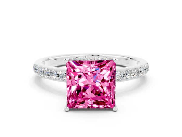 White gold Princess Cut Pink Sapphire Solitaire Ring with Pavé Band and Hidden Halo