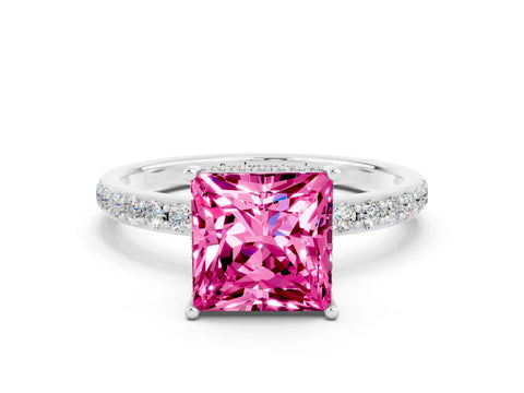 White gold Princess Cut Pink Sapphire Solitaire Ring with Pavé Band and Hidden Halo_24