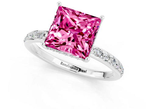 White gold Princess Cut Pink Sapphire Solitaire Ring with Pavé Band and Hidden Halo_25
