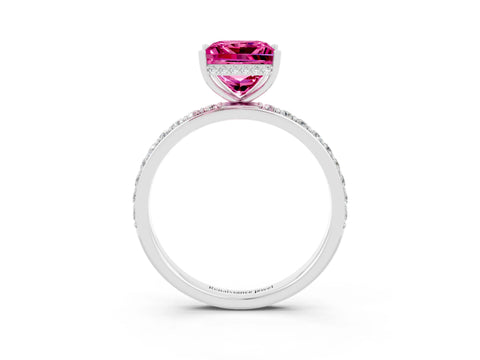 White gold Princess Cut Pink Sapphire Solitaire Ring with Pavé Band and Hidden Halo_27